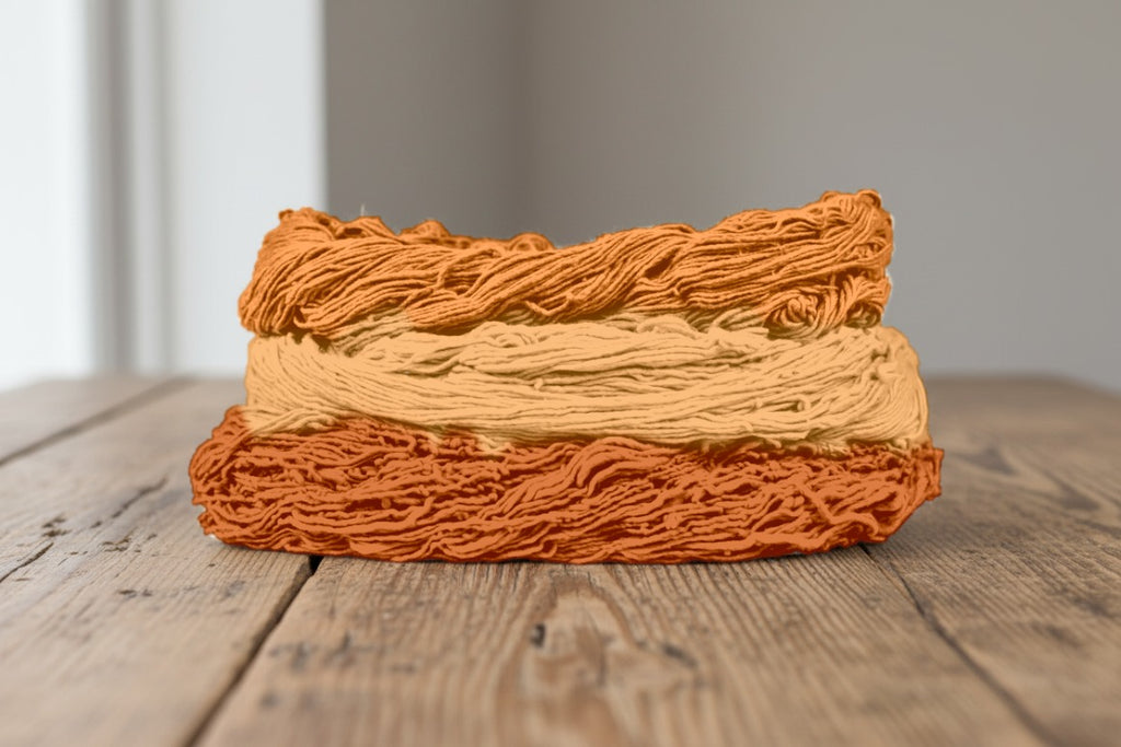 Skeins of cotton plant-dyed with annatto in shades of orange