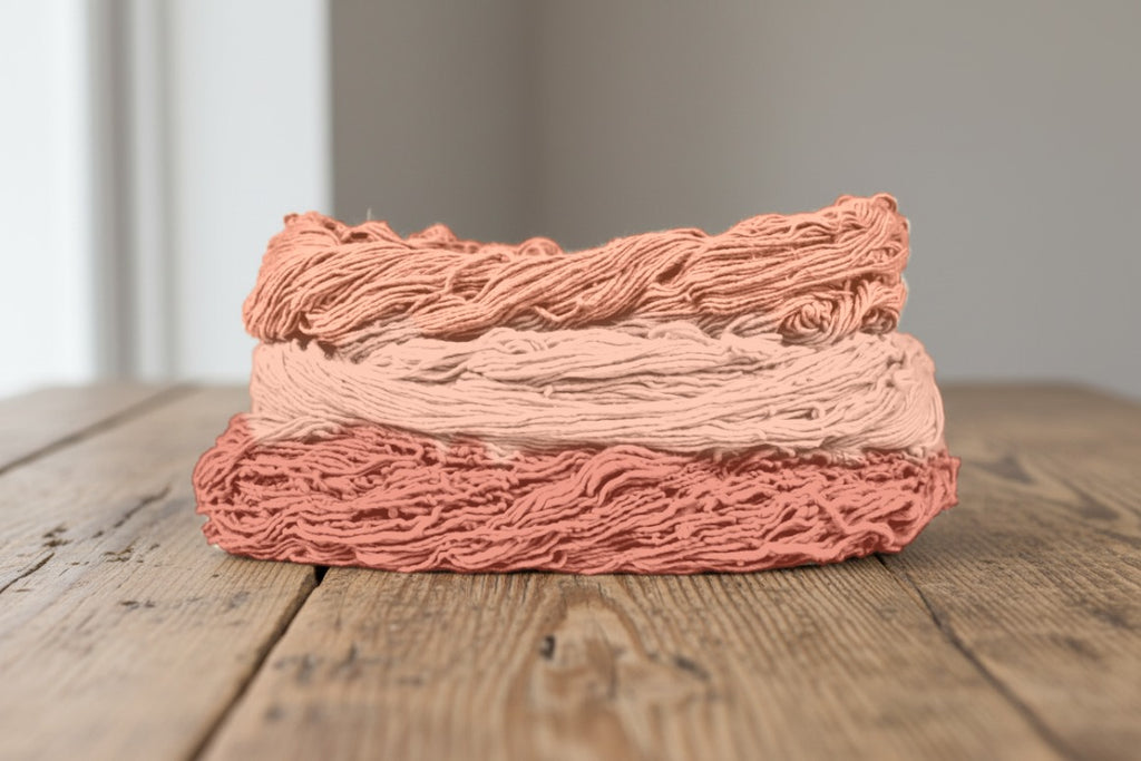 Skeins of cotton plant-dyed with Indian madder in shades of coral and peach, on a wooden table