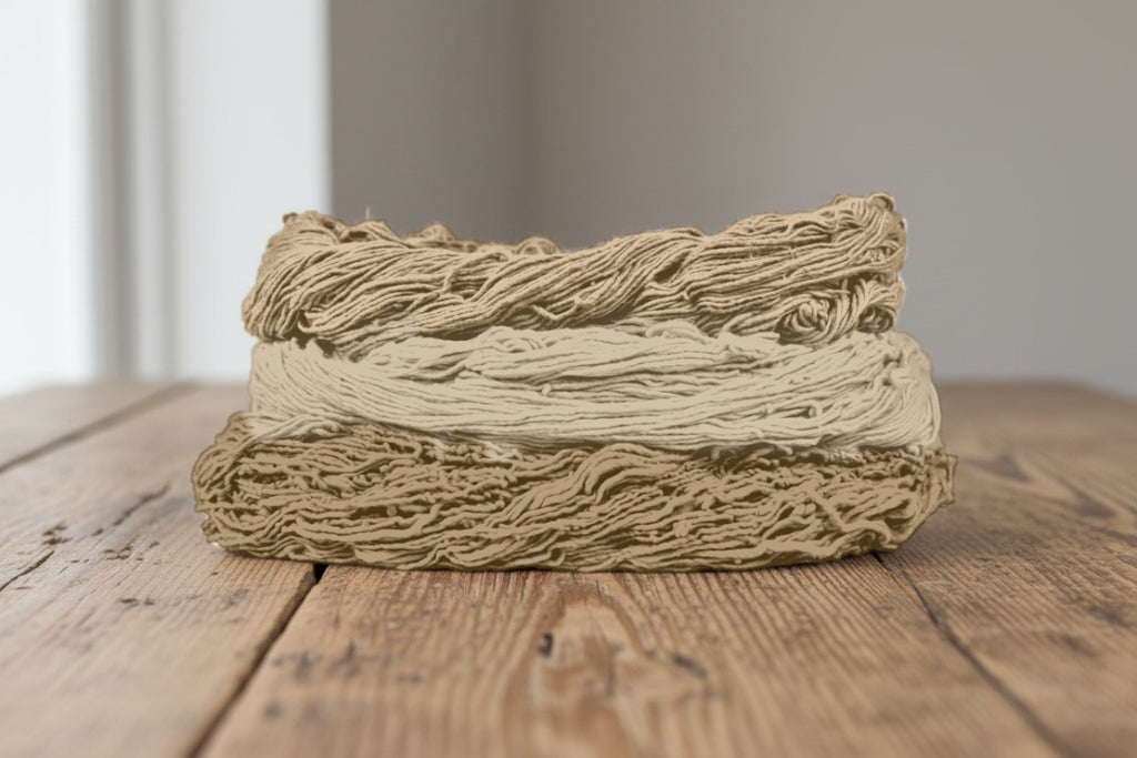Skeins of cotton plant-dyed with myrobalan in shades of earthy clay brown