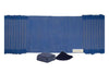 Indigo blue organic cotton yoga mat laid flat, with a cake of natural indigo and indigo powder in front