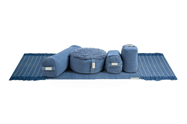 Indigo yoga set: blue yoga mat with pranayama pillow, meditation cushion and two yoga blocks