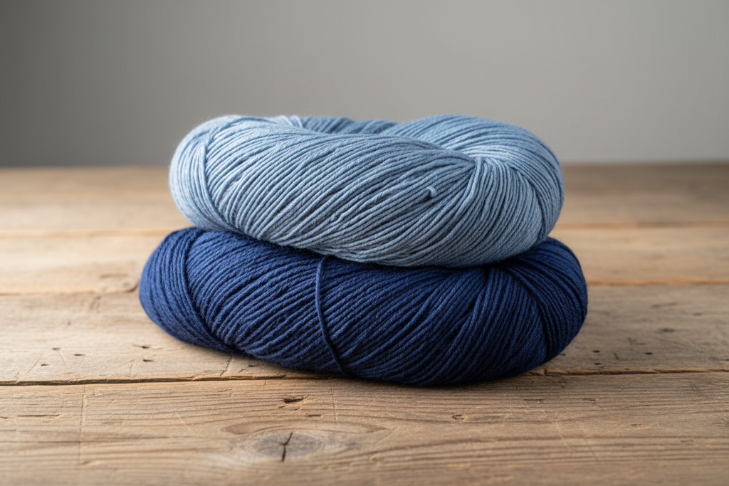 Two neatly wound skeins of indigo-dyed cotton, pale and deep blue, on a wooden table