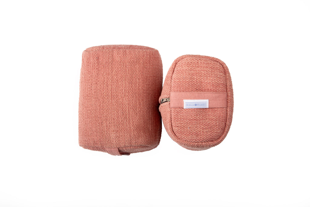 Ayurvastra yoga block in warm Sappanwood red plant dye, handloomed organic cotton cover with buckwheat filling and carry handle