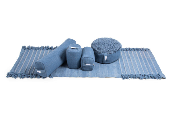 Ayurvastra yoga bundle in Indigo plant dye — handloomed organic cotton rug, pranayama pillow and yoga block