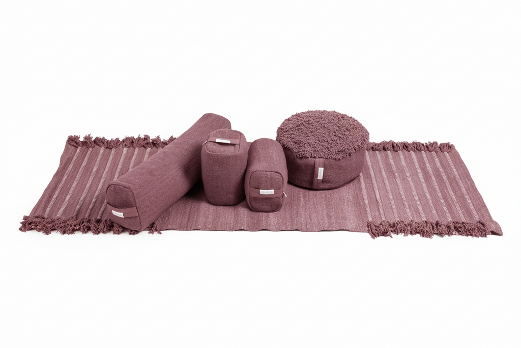 Ayurvastra yoga bundle in warm Sappanwood red plant dye — handloomed organic cotton rug, pranayama pillow and yoga block