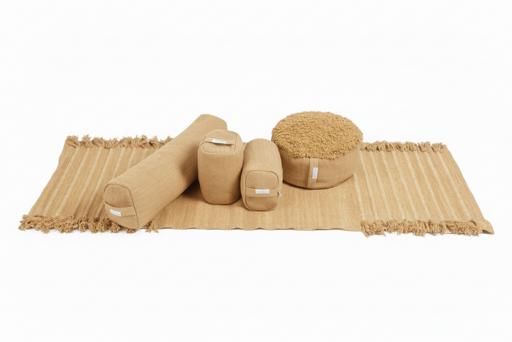 Ayurvastra yoga bundle in golden Yellow Myrobalan plant dye — handloomed organic cotton rug, pranayama pillow and yoga block