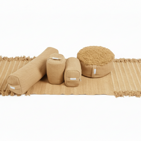 Ayurvastra yoga bundle in golden Yellow Myrobalan plant dye — handloomed organic cotton rug, pranayama pillow and yoga block