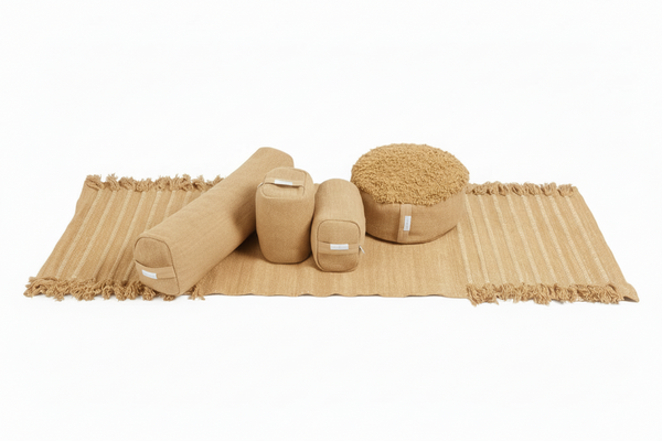 Ayurvastra yoga bundle in golden Yellow Myrobalan plant dye — handloomed organic cotton rug, pranayama pillow and yoga block