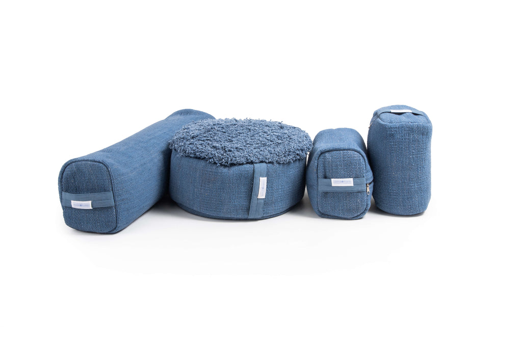 Ayurvastra yoga bundle in Indigo plant dye — handloomed organic cotton rug, pranayama pillow and yoga blocks