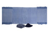 Lighter indigo blue yoga mat, showing the natural shade variation of hand-dyed indigo, with indigo cake and powder in front