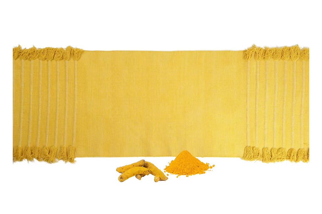 Ayurvastra yoga rug in golden Turmeric plant dye, handloomed organic cotton with non-slip latex backing